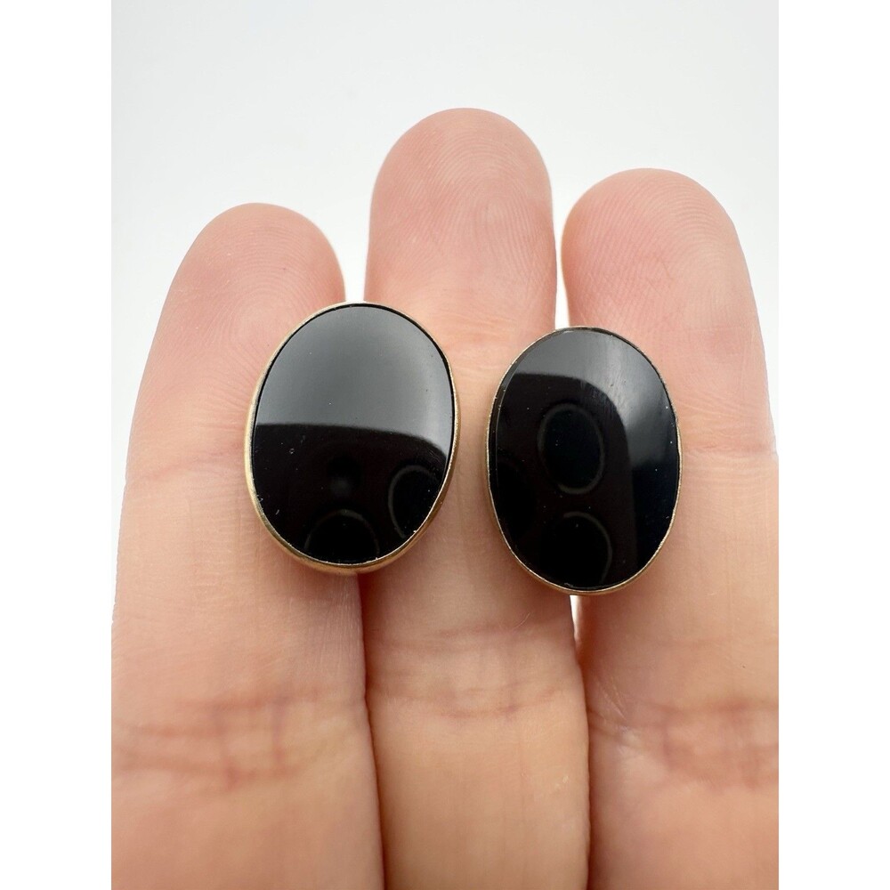 Vintage 12k Gold Filled Black Onyx Screw-Back Earrings — Oval Cabochon